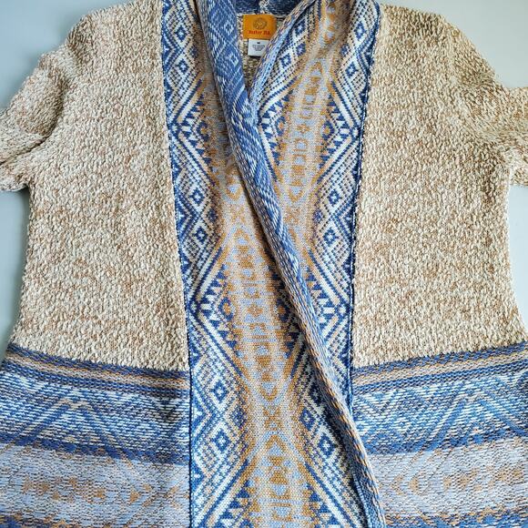 Women Beige Blue Aztec Knit Cardigan Sweater M Cotton Coastal Cowgirl Western - Picture 5 of 8